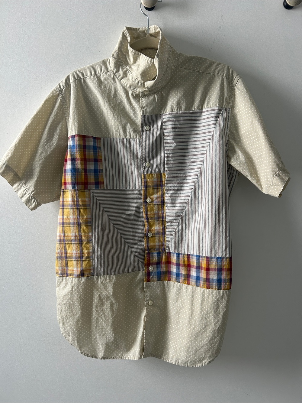 Men's Patchwork Button-Down Short Sleeve Shirt - Cream with Multicolor Accents